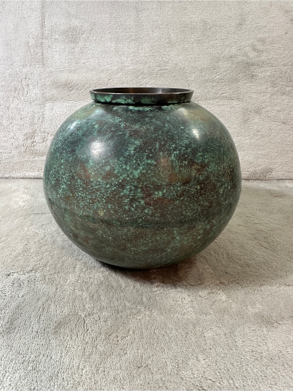 Mid-Century Modern Spherical Brass Vessel – Heavy Verdigris Patina